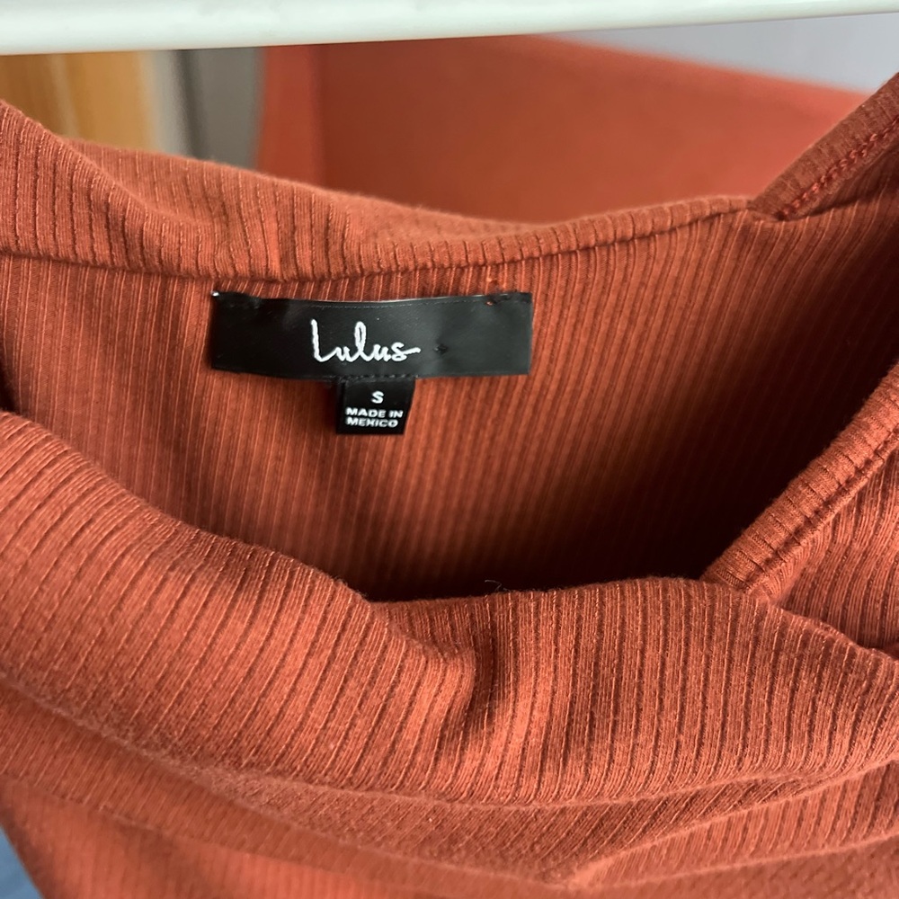 Lulu's Asymmetrical One-Shoulder Ribbed Crop Top in Rust - Picture 3 of 8